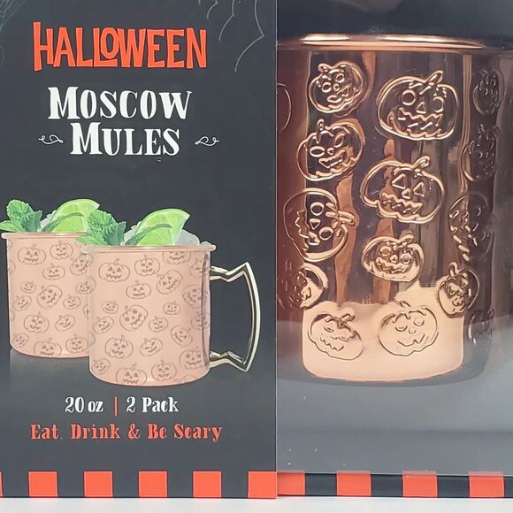 Halloween Moscow Mule Pumpkin Design Stainless Steel Cups/Mugs 20oz - x2 - New! - Picture 2 of 6